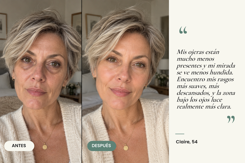 Testimonio antes/después — Parches de hidrogel para ojeras