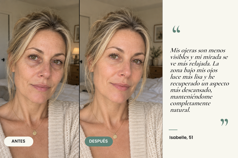 Testimonio antes/después — Parches de hidrogel para ojeras